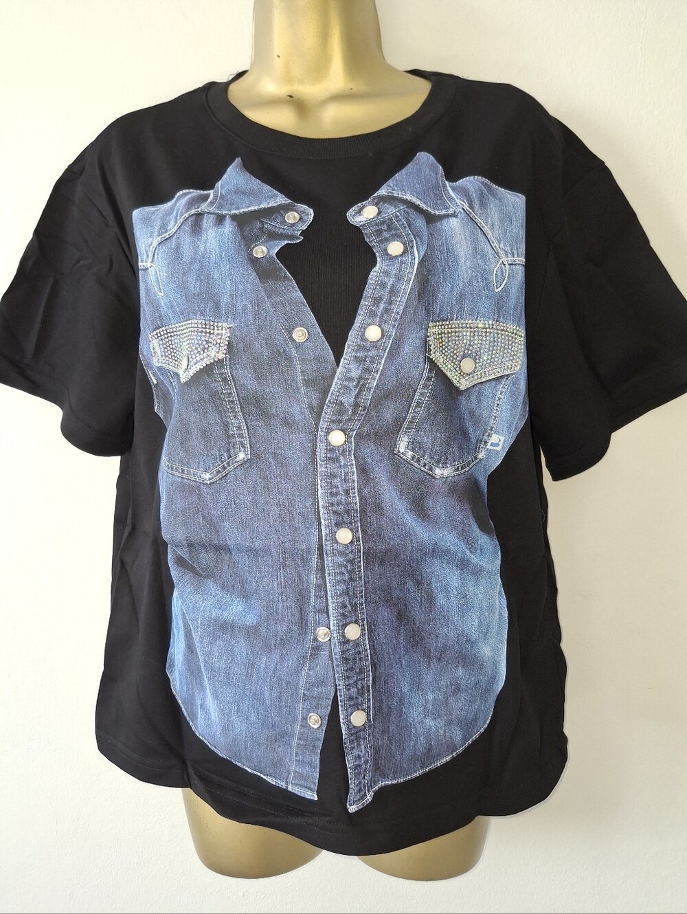 Pastels Black Short-Sleeve Tee with Denim-Print Front and Rhinestone Pockets